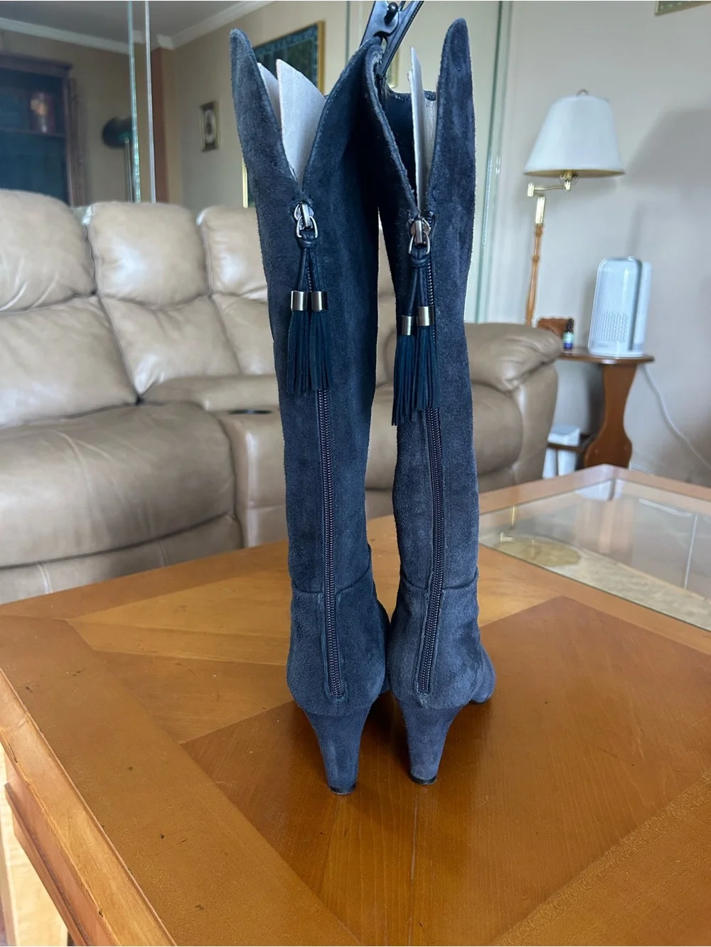 Bandolino Navy Suede Knee-High Boots With Back Fringe Tassels 8M